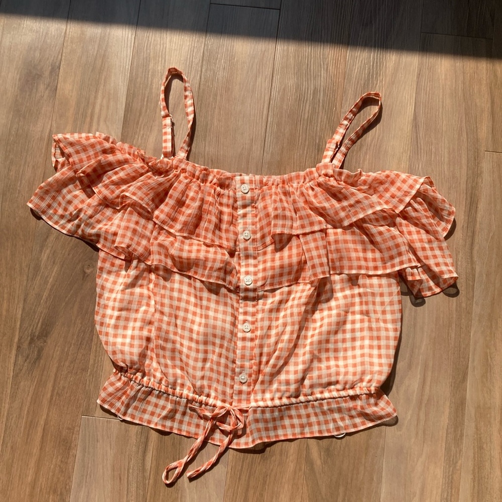LC Lauren Conrad check print ruffle detail boho top L